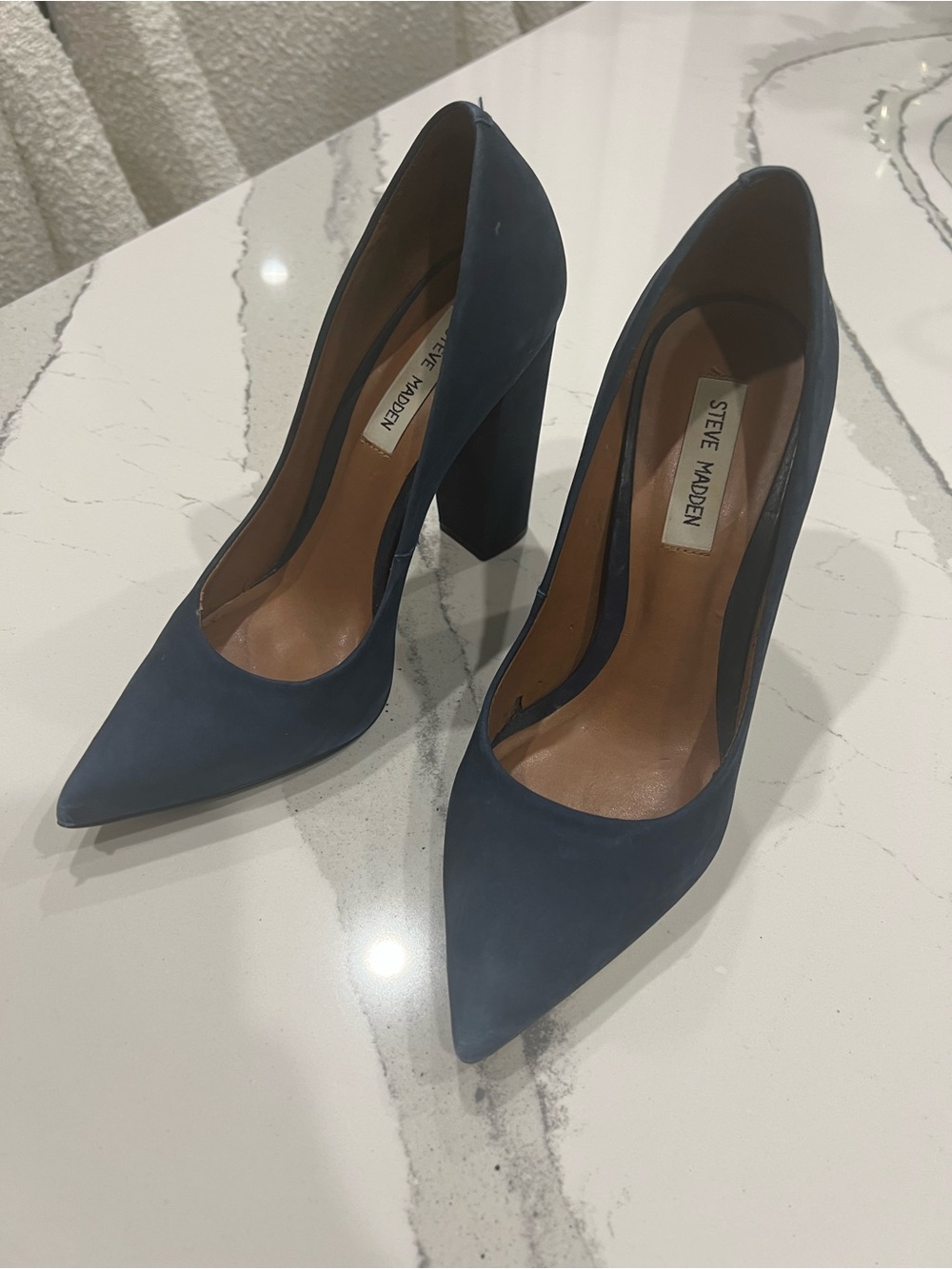 Steve Madden Navy Pointed Block Heel Pumps